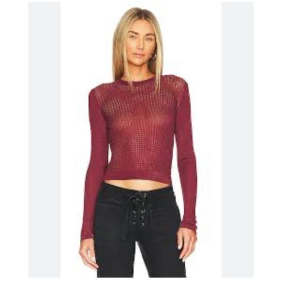 Free People Shirt Womens Large NWT Open Knit H2O Crew Cropped Raw Garnet - Picture 1 of 13